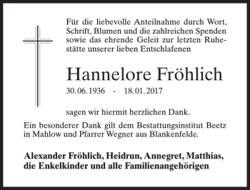 Traueranzeige von Hannelore Fröhlich von MAZ-Trauer.de