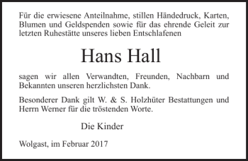 Traueranzeige von Hans Hall von Ostsee-Zeitung