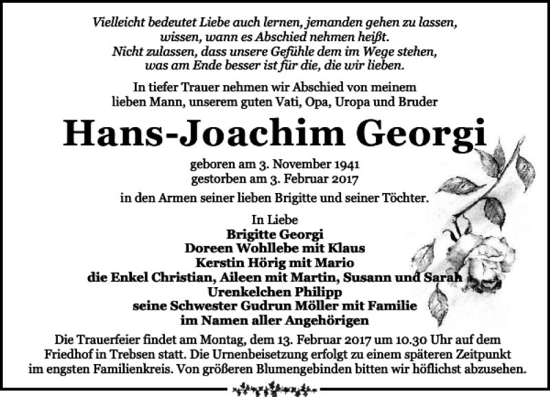  Traueranzeige für Hans-Joachim Georgi vom 09.02.2017 aus Leipziger Volkszeitung