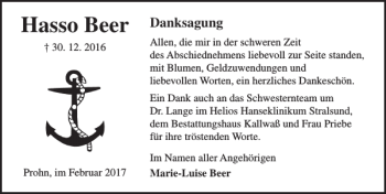 Traueranzeige von Hasso Beer von Ostsee-Zeitung