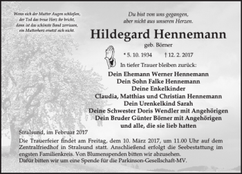 Traueranzeige von Hildegard Hennemann von Ostsee-Zeitung