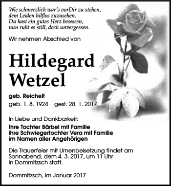 Traueranzeige von Hildegard Wetzel von Torgauer Zeitung
