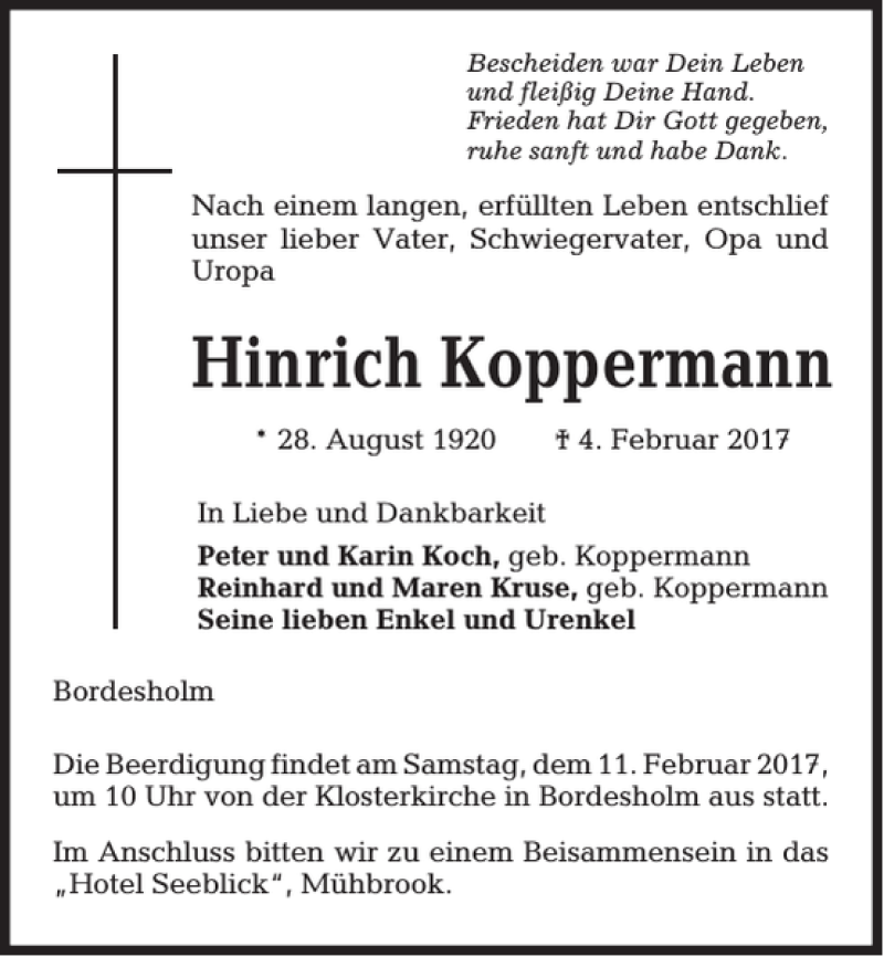  Traueranzeige für Hinrich Koppermann vom 08.02.2017 aus Kieler Nachrichten / Segeberger Zeitung