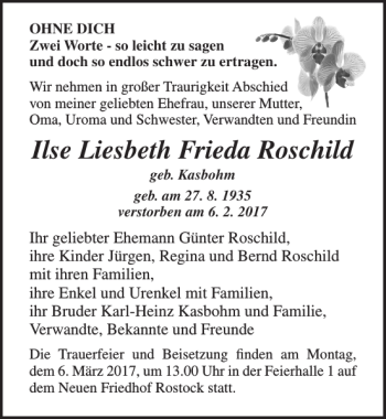 Traueranzeige von Ilse Liesbeth Frieda Roschild von Ostsee-Zeitung