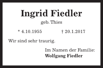 Traueranzeige von Ingrid Fiedler von HAZ/NP