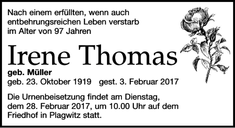  Traueranzeige für Irene Thomas vom 18.02.2017 aus Leipziger Volkszeitung