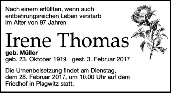 Traueranzeige von Irene Thomas von Leipziger Volkszeitung