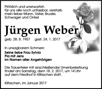 Traueranzeige von Jürgen Weber von Torgauer Zeitung
