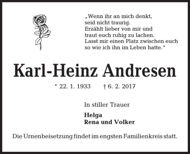  Traueranzeige für Karl-Heinz Andresen vom 18.02.2017 aus Kieler Nachrichten / Segeberger Zeitung
