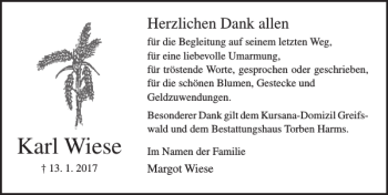 Traueranzeige von Karl Wiese von Ostsee-Zeitung