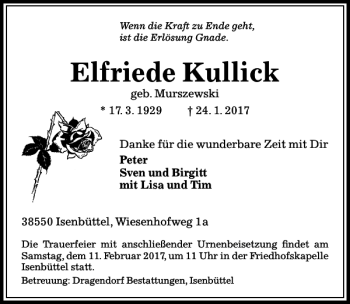 Traueranzeige von Kullick  von Aller Zeitung / Wolfsburger Allgemeine
