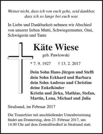 Traueranzeige von Käte Wiese von Ostsee-Zeitung