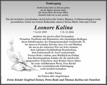 Traueranzeige von Leonore Kalina von MAZ-Trauer.de