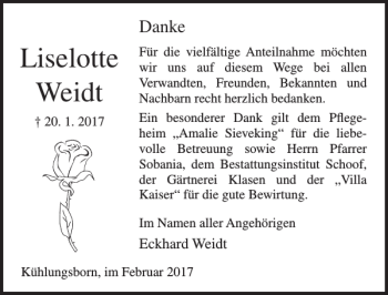 Traueranzeige von Liselotte Weidt von Ostsee-Zeitung