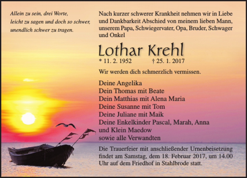  Traueranzeige für Lothar Krehl vom 04.02.2017 aus Ostsee-Zeitung