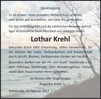 Traueranzeige von Lothar Krehl von Ostsee-Zeitung
