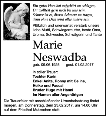 Traueranzeige von Marie Neswadba von Leipziger Volkszeitung