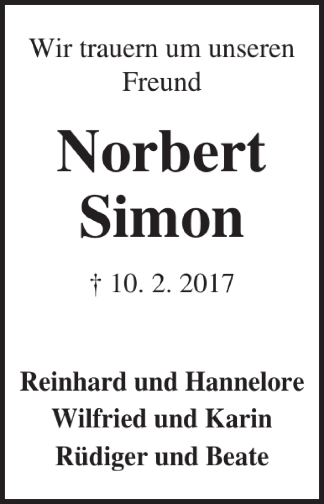  Traueranzeige für Norbert Simon vom 26.02.2017 aus Lübecker Nachrichten