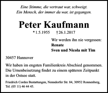 Traueranzeige von Peter Kaufmann von HAZ/NP