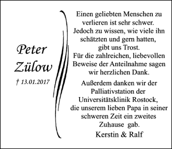 Traueranzeige von Peter Zülow von Ostsee-Zeitung