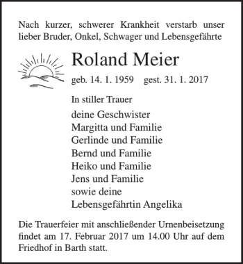 Traueranzeige von Roland Meier von Ostsee-Zeitung