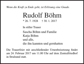 Traueranzeige von Rudolf Böhm von Ostsee-Zeitung