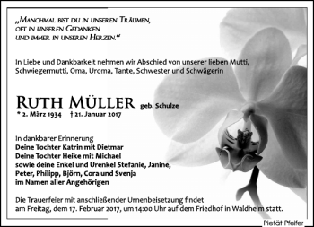 Traueranzeige von Ruth Müller von Leipziger Volkszeitung