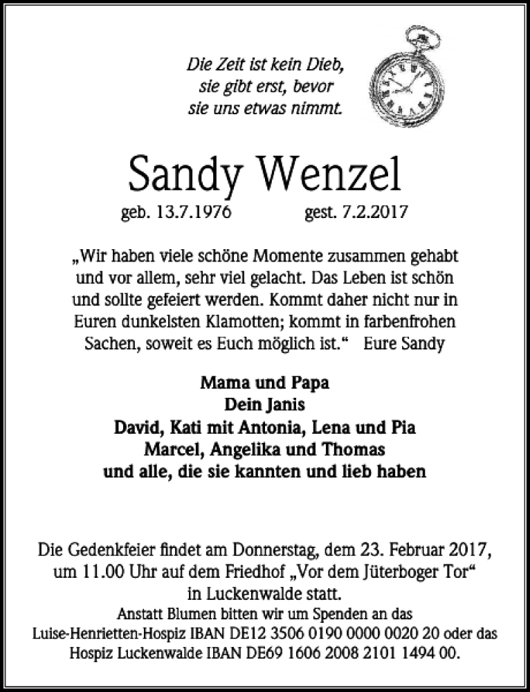  Traueranzeige für Sandy Wenzel vom 18.02.2017 aus MAZ-Trauer.de