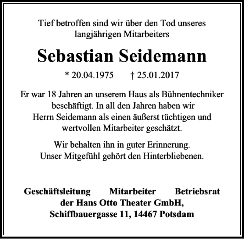  Traueranzeige für Sebastian Seidemann vom 04.02.2017 aus MAZ-Trauer.de