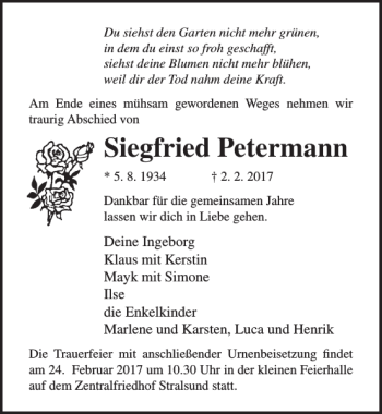 Traueranzeige von Siegfried Petermann von Ostsee-Zeitung