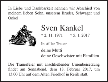 Traueranzeige von Sven Kankel von Ostsee-Zeitung