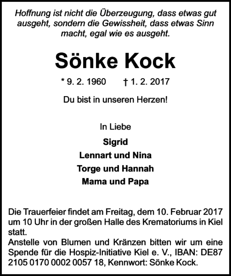  Traueranzeige für Sönke Kock vom 04.02.2017 aus Kieler Nachrichten / Segeberger Zeitung