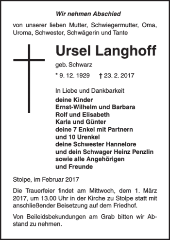 Traueranzeige von Ursel Langhoff von Ostsee-Zeitung