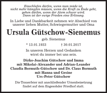 Traueranzeige von Ursula Gütschow-Sienemus von HAZ/NP