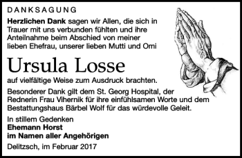 Traueranzeige von Ursula Losse von Leipziger Volkszeitung