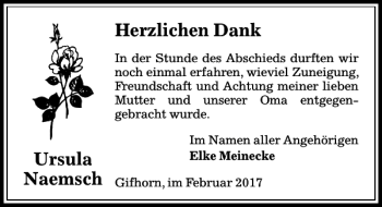 Traueranzeige von Ursula Naemsch von Aller Zeitung / Wolfsburger Allgemeine