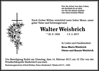 Traueranzeige von Walter Weisbrich von Peiner Allgemeine Zeitung