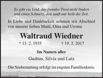 Traueranzeige von Waltraud Wiedner von Ostsee-Zeitung