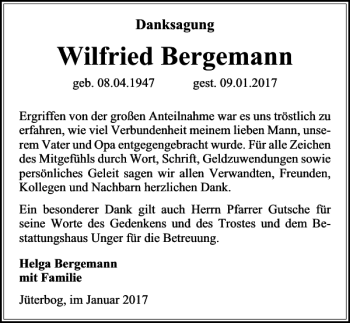 Traueranzeige von Wilfried Bergemann von MAZ-Trauer.de