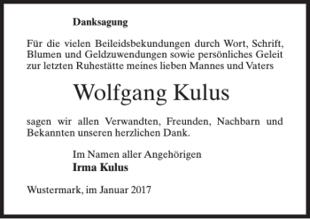 Traueranzeige von Wolfgang Kulus von MAZ-Trauer.de
