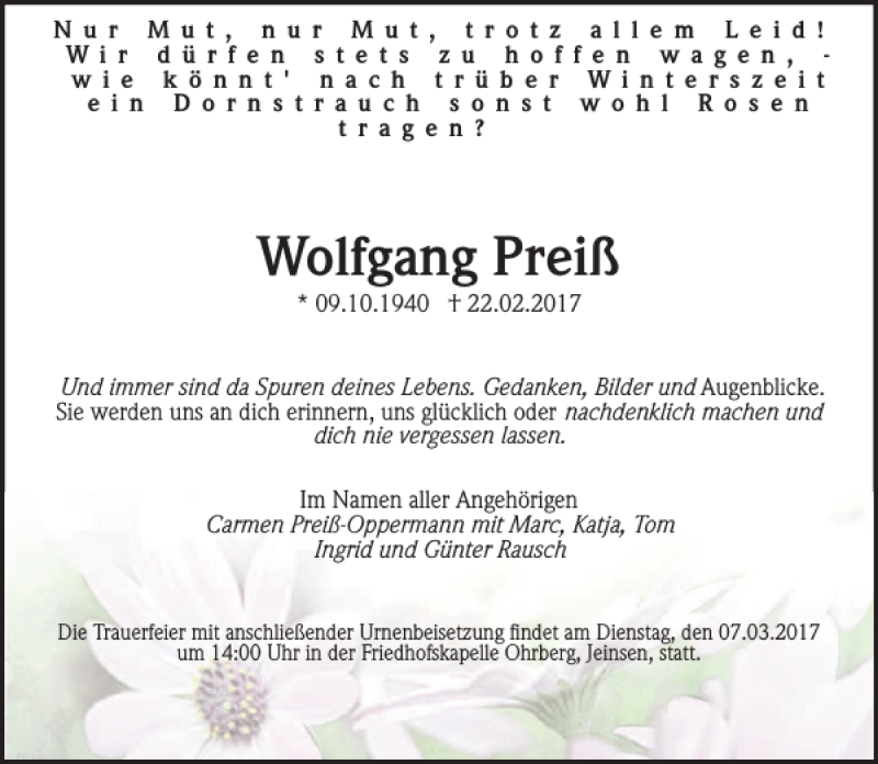 Traueranzeigen von Wolfgang Preiß traueranzeigen.de