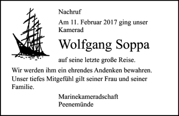 Traueranzeige von Wolfgang Soppa von Ostsee-Zeitung