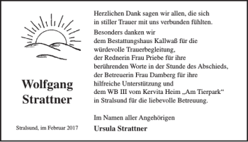 Traueranzeige von Wolfgang Strattner von Ostsee-Zeitung