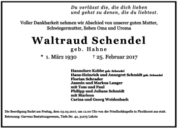 Traueranzeige von waltraud Schendel von Peiner Allgemeine Zeitung