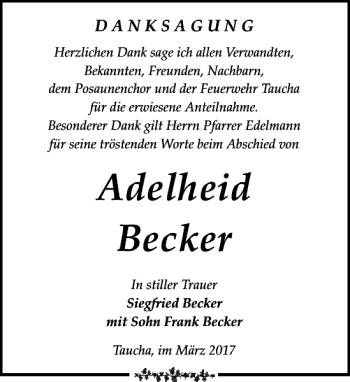 Traueranzeige von Adelheid Becker von Leipziger Volkszeitung