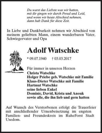 Traueranzeige von Adolf Watschke von MAZ-Trauer.de