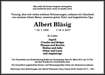 Traueranzeige von Albert Bläsig von Peiner Allgemeine Zeitung