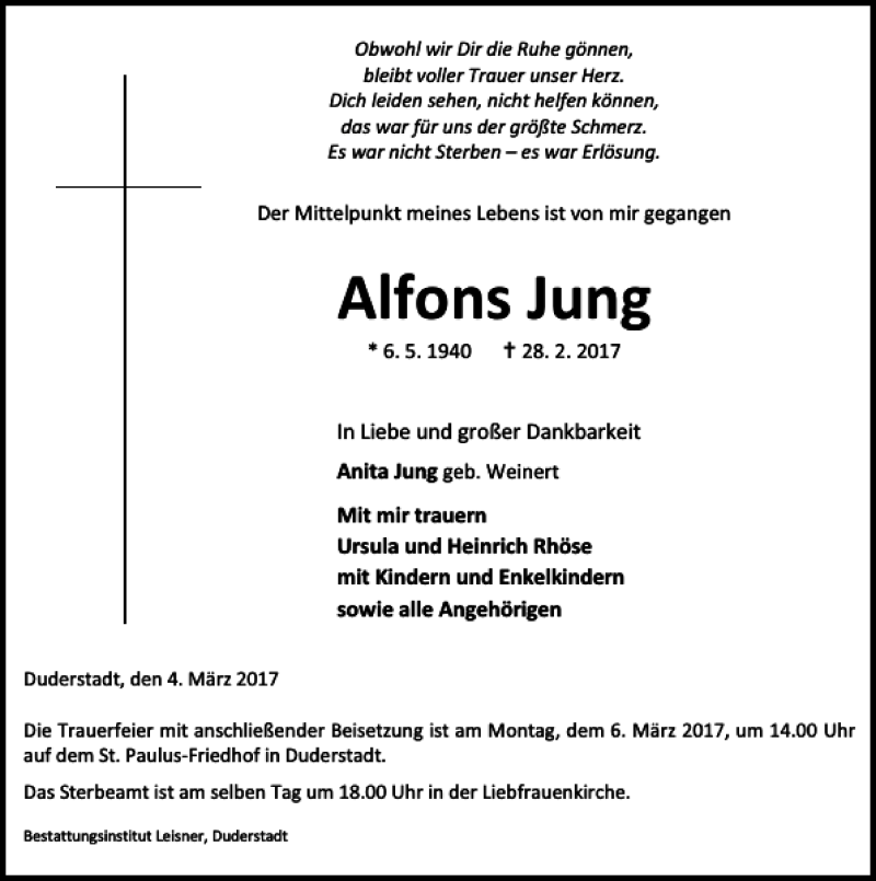  Traueranzeige für Alfons Jung vom 04.03.2017 aus Eichsfelder Tageblatt