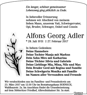 Traueranzeige von Alfons Georg Adler von Leipziger Volkszeitung