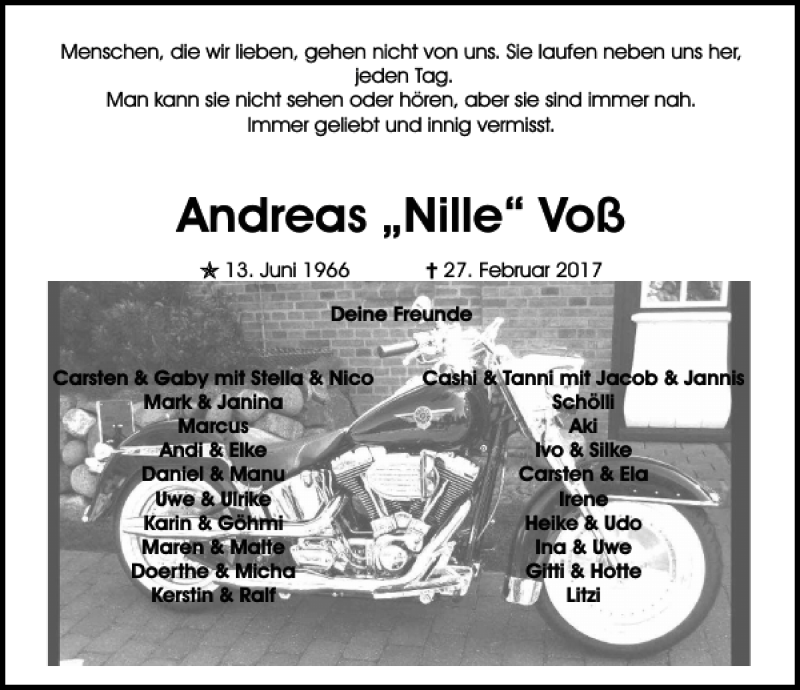  Traueranzeige für Andreas 'Nille' Voß vom 04.03.2017 aus Aller Zeitung / Wolfsburger Allgemeine